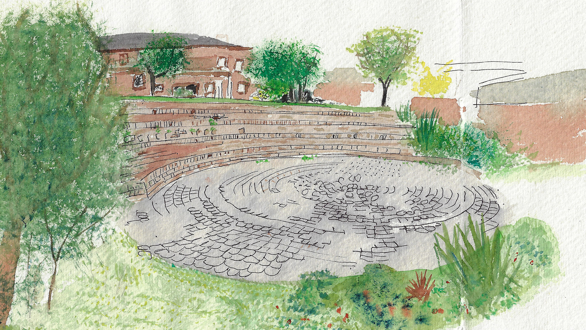 Water colour of a garden around a cobbled circular area