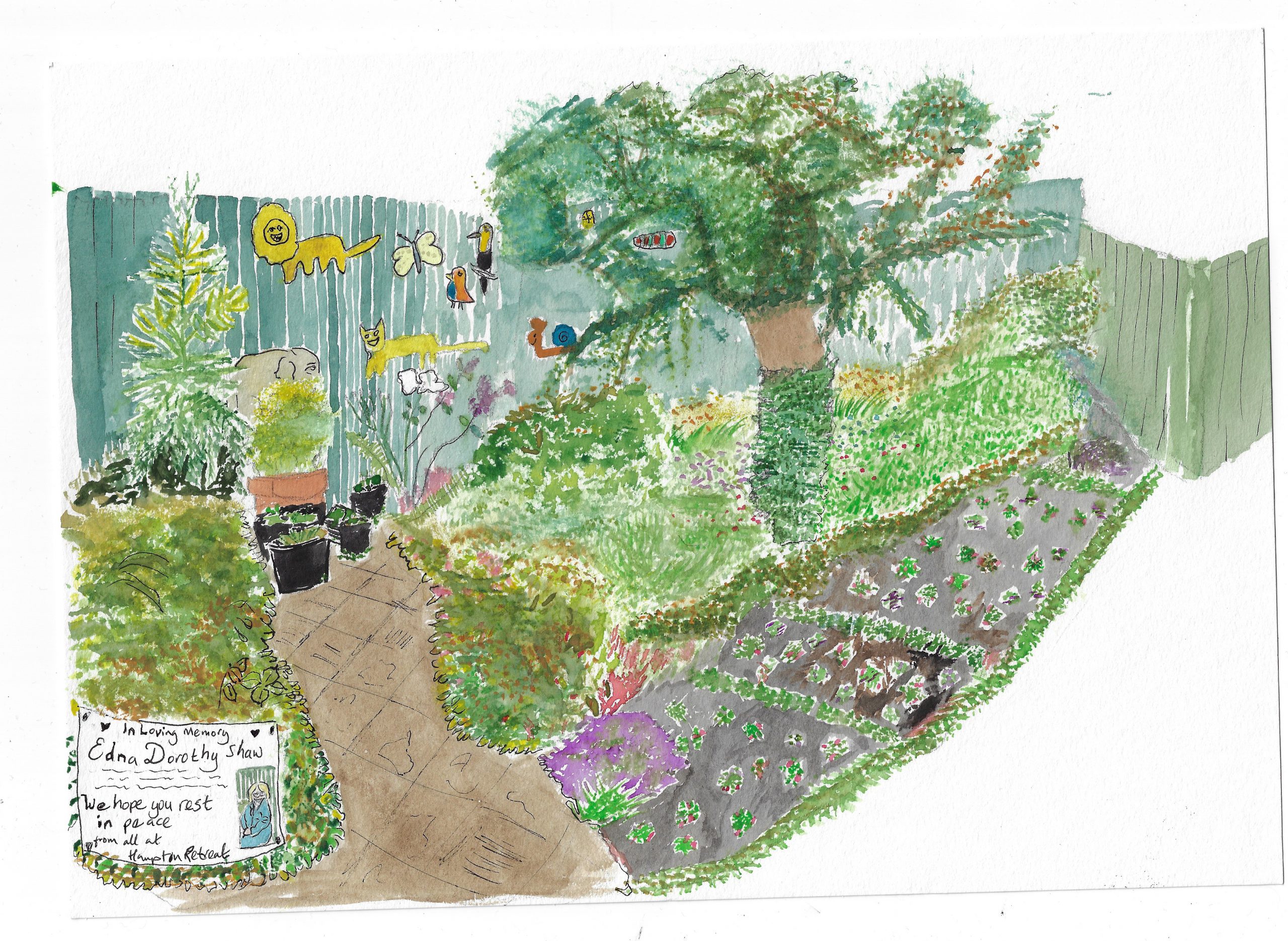 Water colour of a beautiful garden well-tended garden